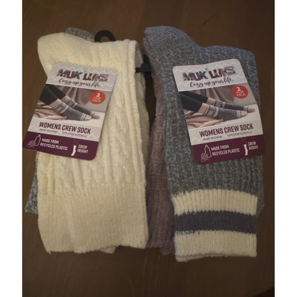 Muk Luks Womens Crew Socks 4 Pair Pack Recycled Knit Cozy Soft Size 6-11 Multi